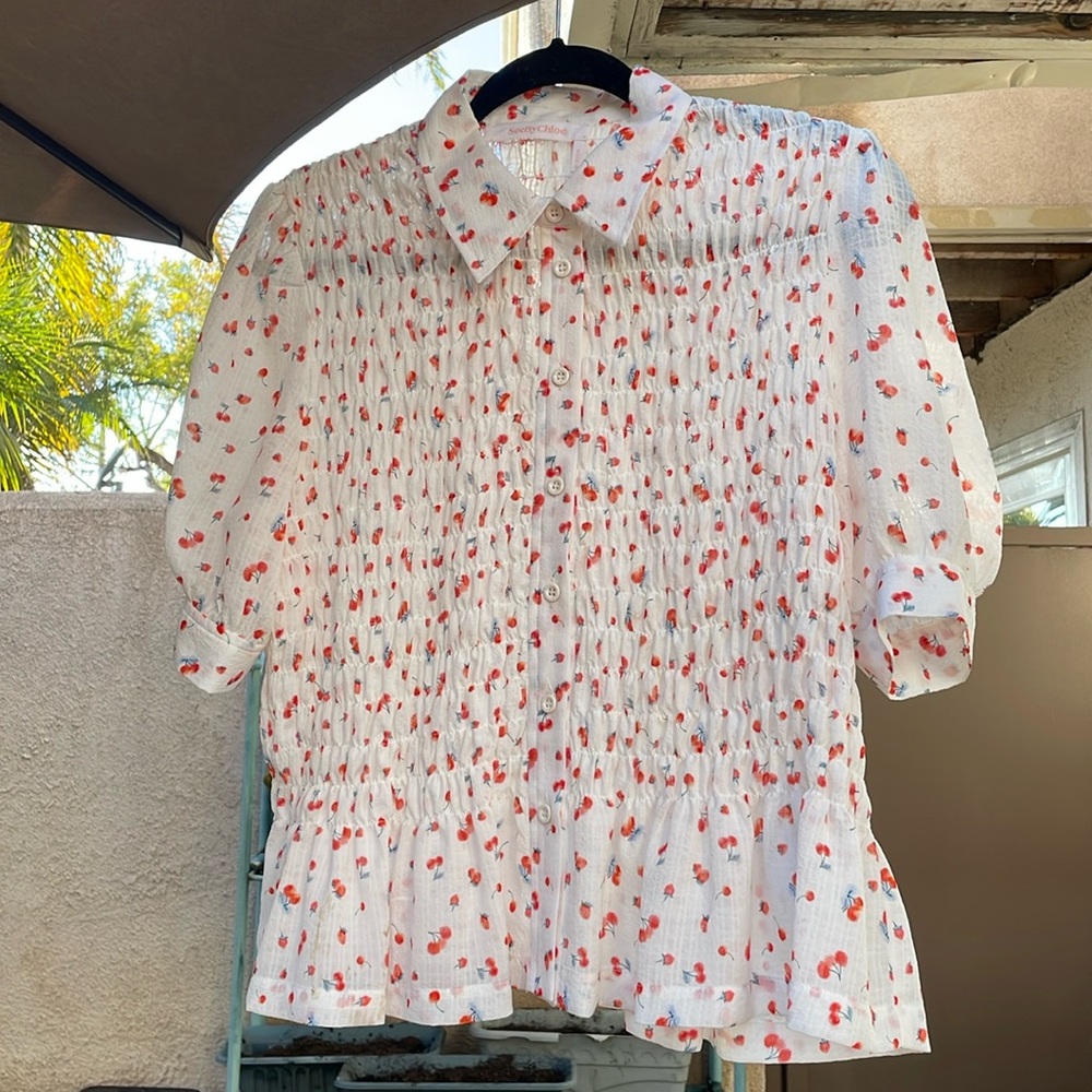 See By Chloe White Floral Puff-Sleeve Blouse - Picture 5 of 10